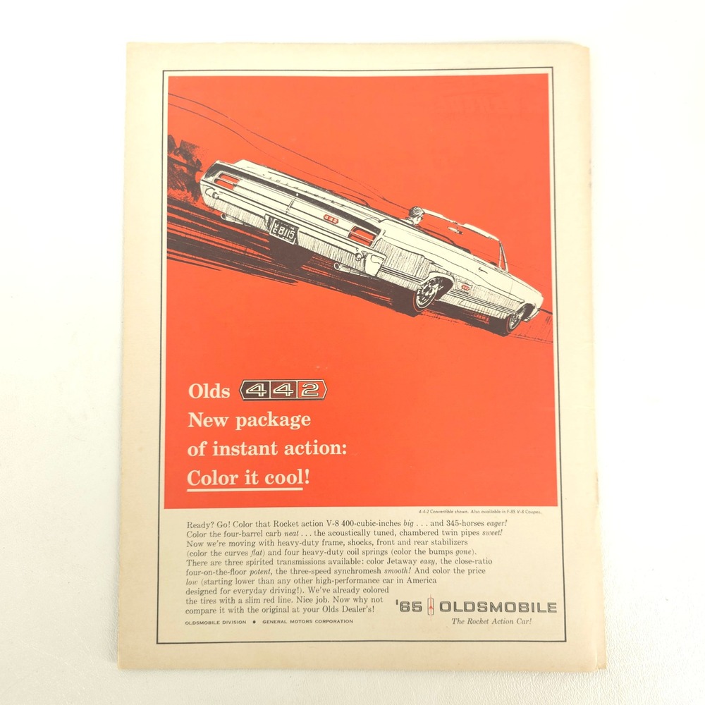 Oldsmobile 442 Convertible Print Ad 1965 Muscle Car HotRod Garage Decor Wall Art